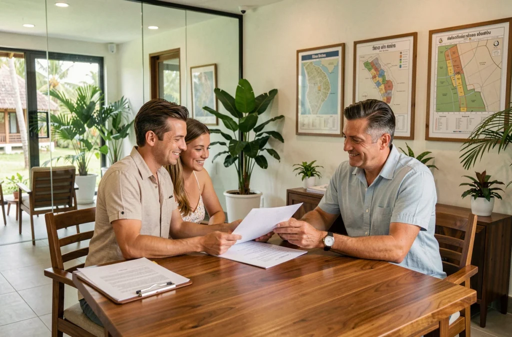 Couple européen signant un contrat d'achat immobilier avec un notaire dans une agence à Koh Samui