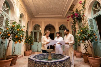 Agent immobilier présentant un petit riad traditionnel à vendre à Marrakech avec patio en zellige et fontaine centrale