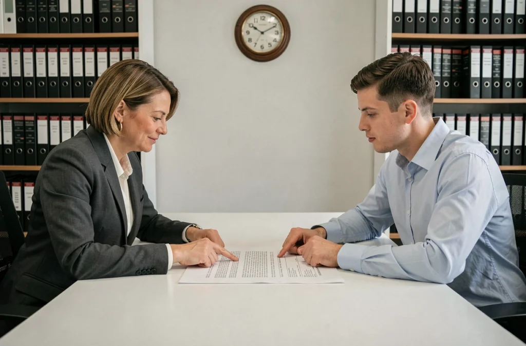 Acheteur et vendeur comparant les clauses d'un acte de vente immobilier dans un bureau notarial avec dossiers juridiques en arrière-plan
