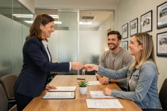 Agent immobilier remettant les clés d'un logement à un couple d'acheteurs après signature dans une agence immobilière moderne