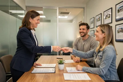 Agent immobilier remettant les clés d'un logement à un couple d'acheteurs après signature dans une agence immobilière moderne