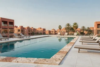 Piscine sur le toit d'un immeuble résidentiel moderne dans le quartier Guéliz à Marrakech