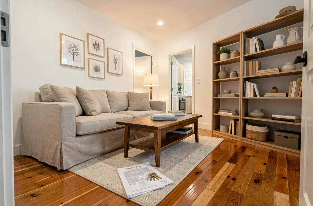 Appartement meublé classique prêt à la location avec bail et clés posés sur la table basse