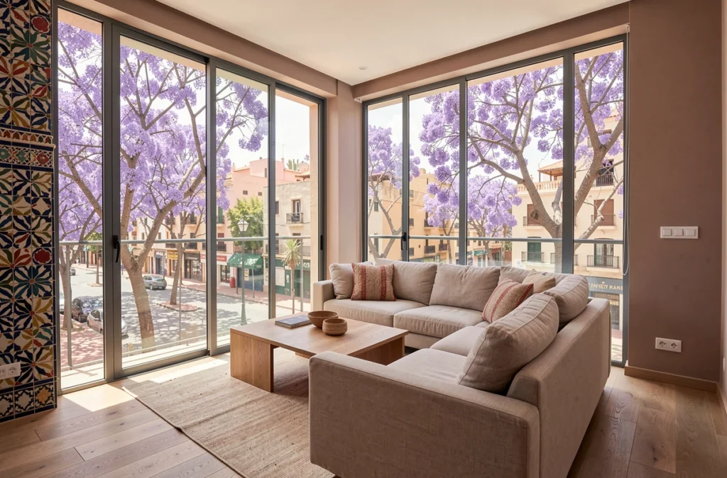 Salon lumineux d'un appartement moderne à vendre dans le quartier Guéliz à Marrakech avec vue sur la ville