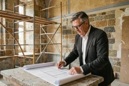 Architecte examinant des plans de restauration dans un château classé monument historique en France