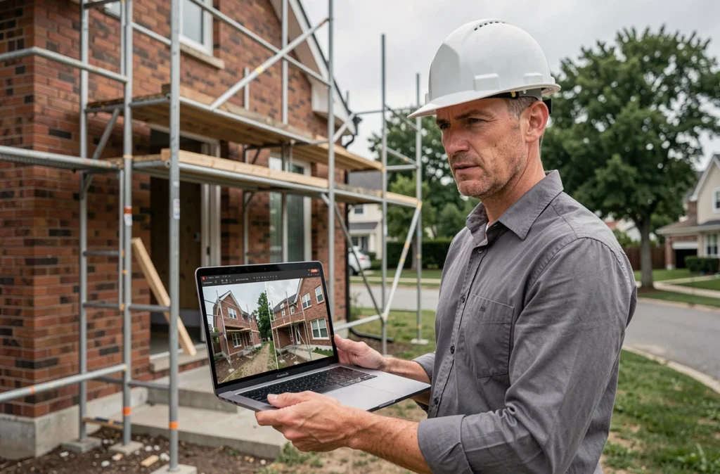 Architecte sur chantier comparant la visite virtuelle 3D du projet fini avec la façade de la maison en construction