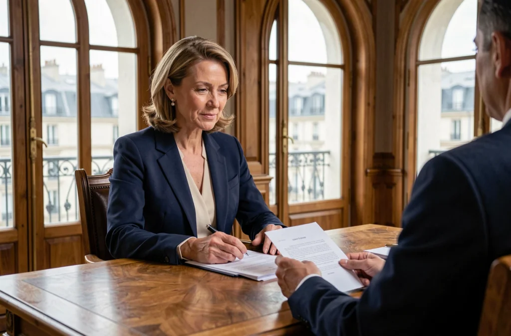 Avocate fiscaliste conseillant un client sur la défiscalisation des monuments historiques dans un bureau parisien