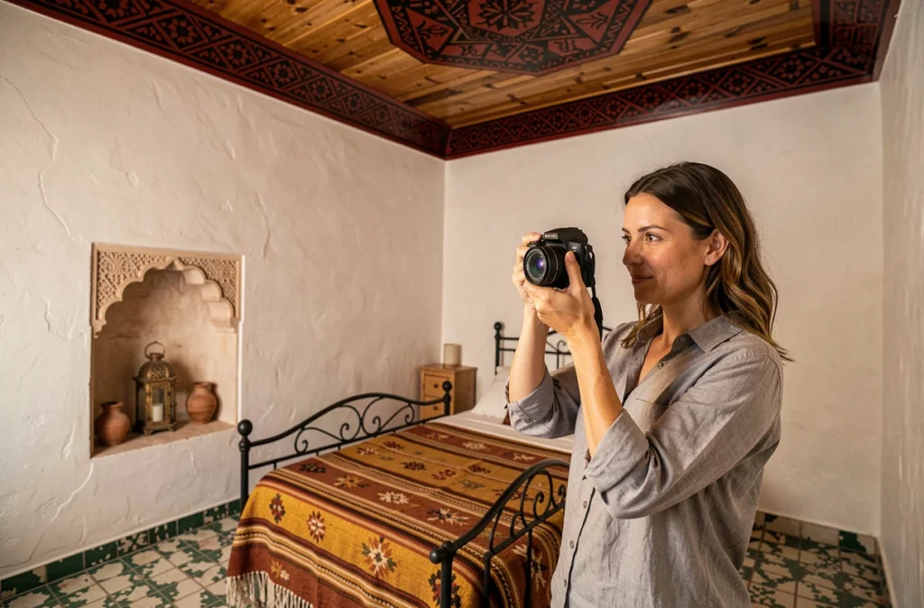 Chambre authentique d'un petit riad à vendre à Marrakech avec plafond en cèdre sculpté et carrelage en zellige ancien