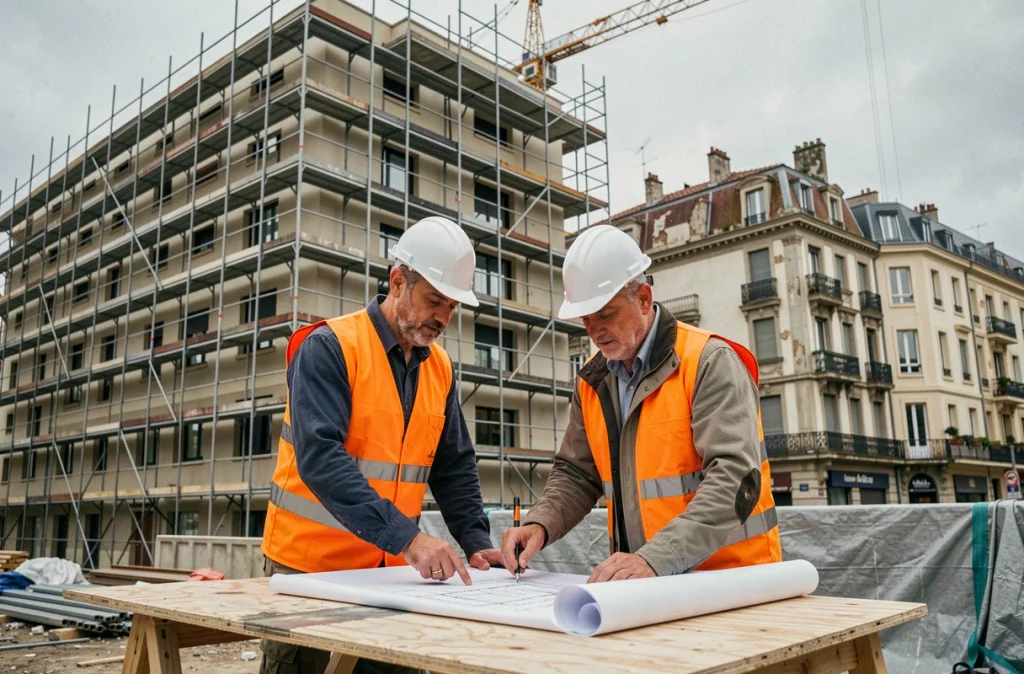 Chantier de rénovation urbaine dans le 3ème arrondissement de Marseille avec ouvriers et échafaudages