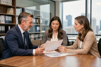 Conseiller financier présentant des avantages fiscaux d'une résidence de services à un couple d'investisseurs dans un bureau moderne