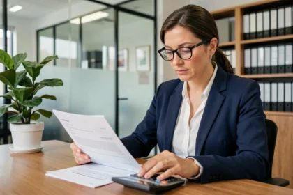 Conseillère immobilière analysant les plafonds de loyer loi Pinel avec calculatrice et documents sur un bureau en bois