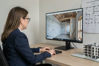Consultante immobilière présentant une visite virtuelle 3D d'une maison en construction sur un écran d'ordinateur dans un bureau professionnel