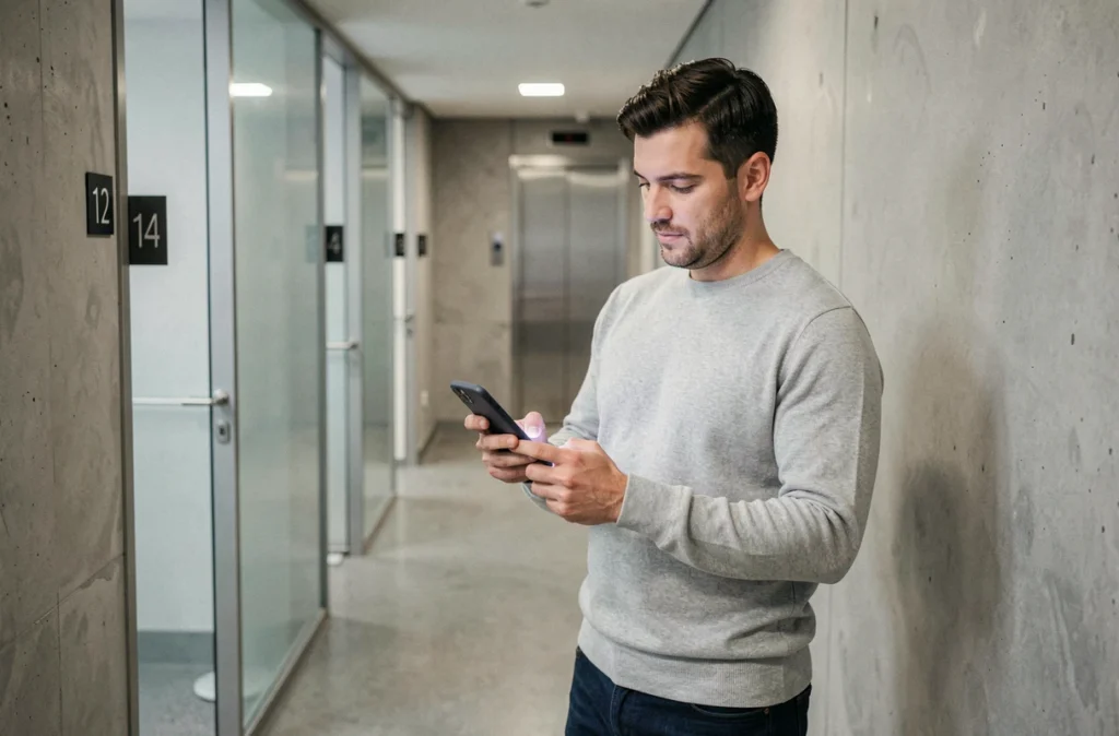 Copropriétaire masculin vérifiant son compte en ligne MyFoncia sur smartphone dans le couloir de son immeuble