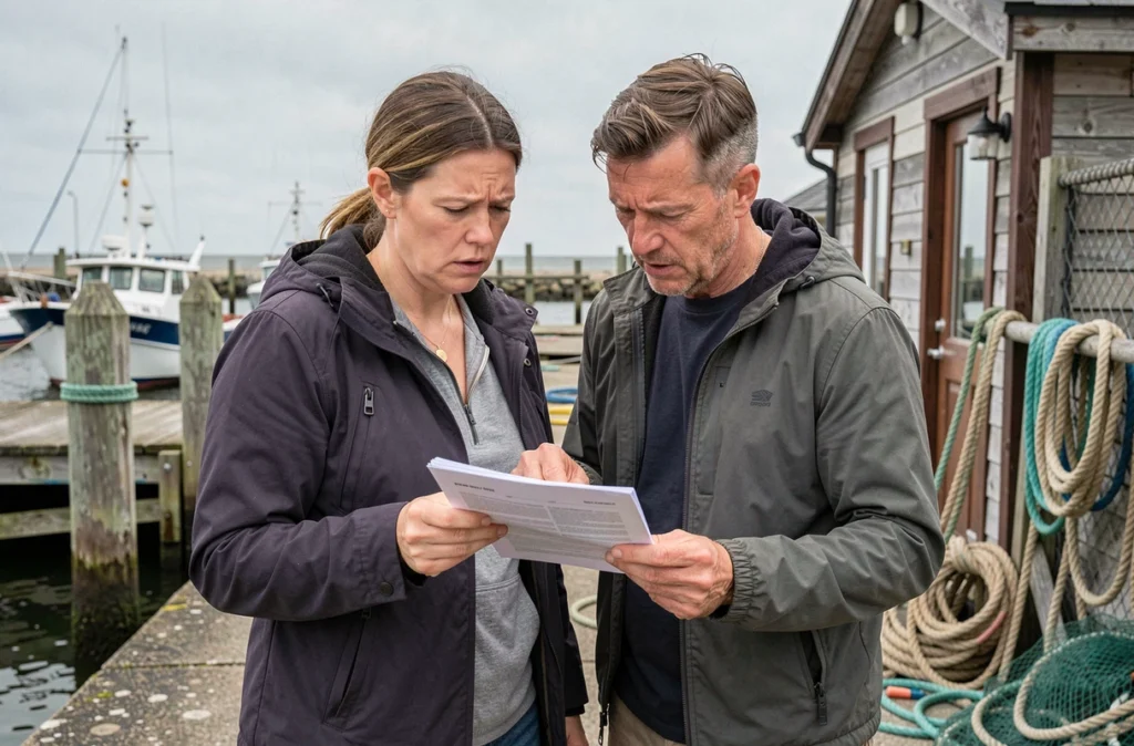 Couple hésitant devant une maison de pêcheur à vendre consultant des documents immobiliers au bord d'un port