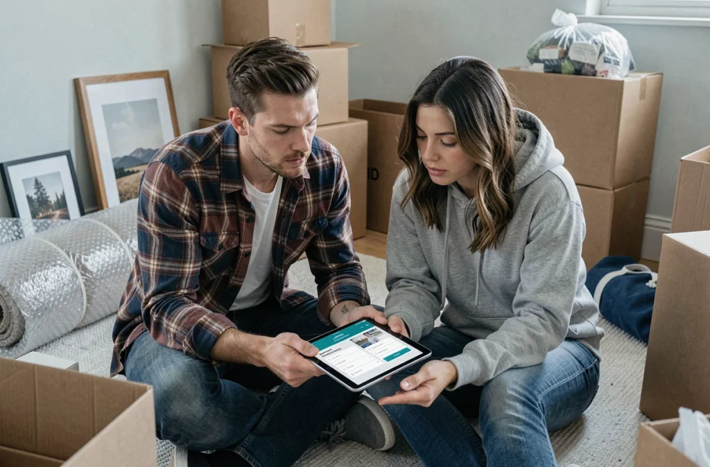 Couple de nouveaux locataires planifiant leur budget résidentiel entourés de cartons de déménagement
