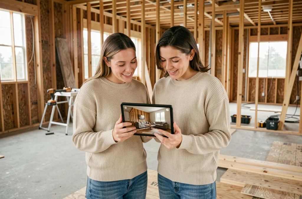 Couple de futurs propriétaires consultant une visite virtuelle 3D sur tablette à l'intérieur de leur maison en cours de construction