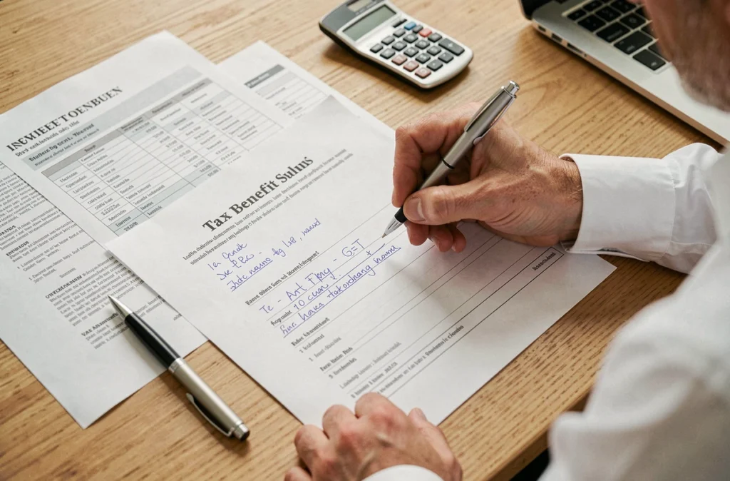 Mains d'un investisseur annotant des documents fiscaux liés à un investissement en résidence de services