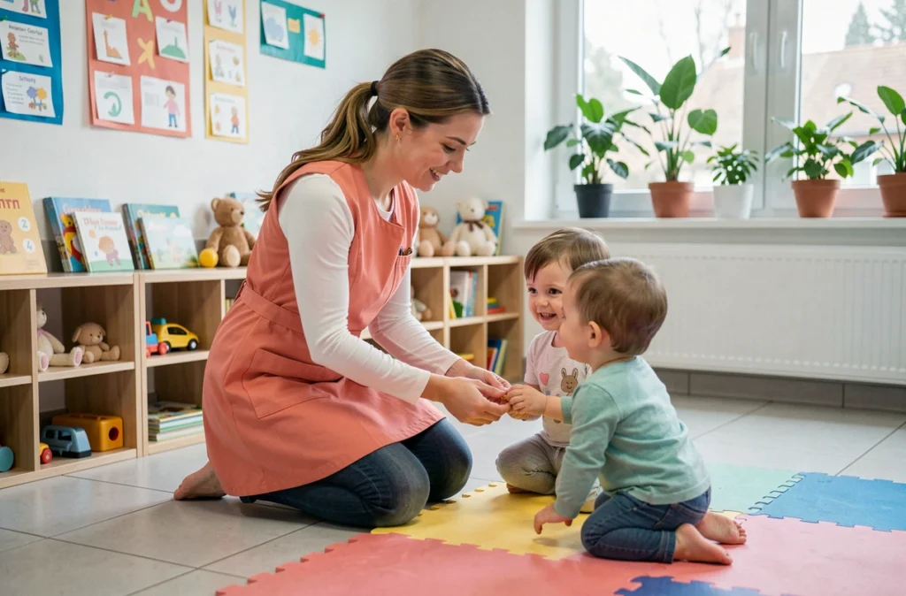 Éducatrice en crèche municipale interagissant avec des tout-petits dans un espace moderne et coloré à Nogent-sur-Marne