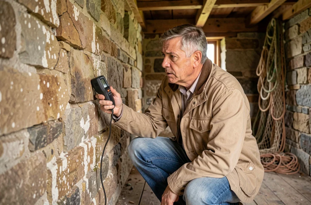 Expert immobilier inspectant une paroi humide et fissurée à l'intérieur d'une maison de pêcheur avant achat