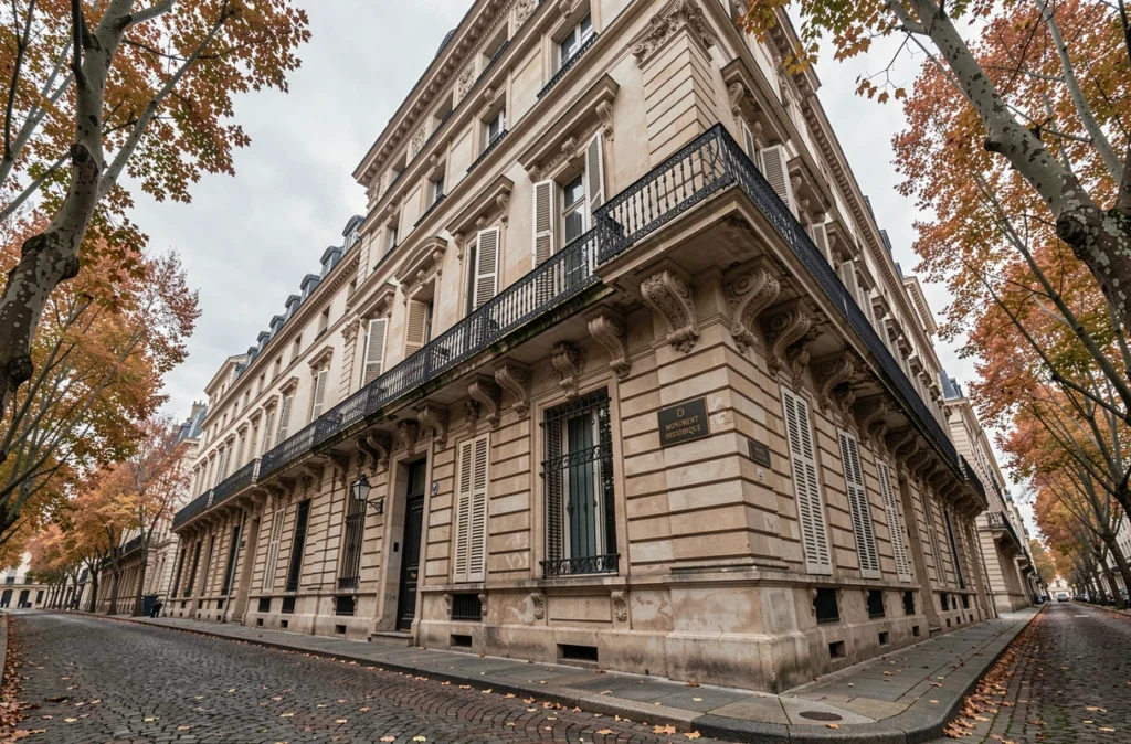 Façade d'un monument historique classé avec plaque officielle en France, bâtiment du XVIIIe siècle éligible à la défiscalisation