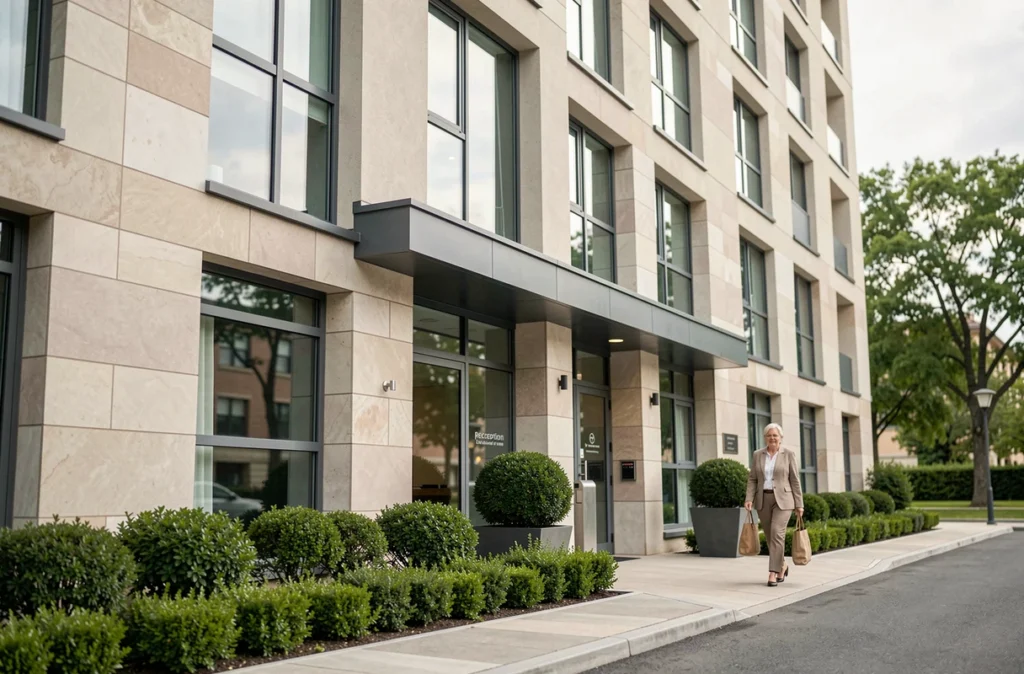 Façade moderne d'une résidence de services pour seniors illustrant un investissement immobilier avec avantages fiscaux