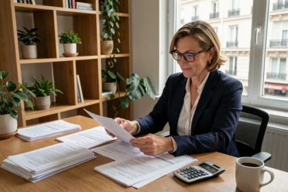 Femme comptable analysant des documents fiscaux liés à la location meublée classique dans un bureau à domicile moderne