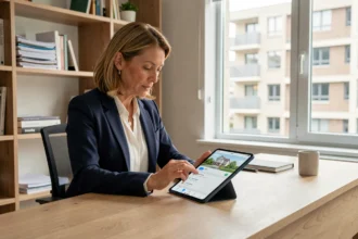 Femme copropriétaire consultant son espace MyFoncia sur tablette pour suivre ses charges de copropriété