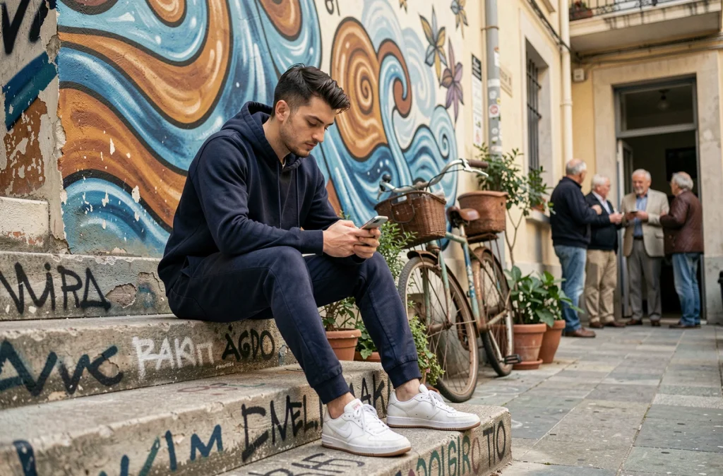 Jeune homme assis sur des marches graffitées dans une cour du 3ème arrondissement de Marseille