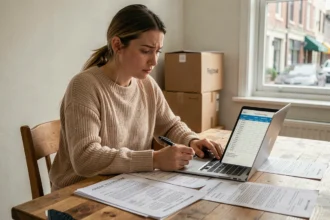 Jeune femme locataire étudiant son budget résidentiel et les documents de bail à son bureau