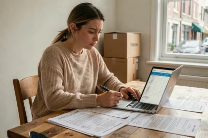 Jeune femme locataire étudiant son budget résidentiel et les documents de bail à son bureau