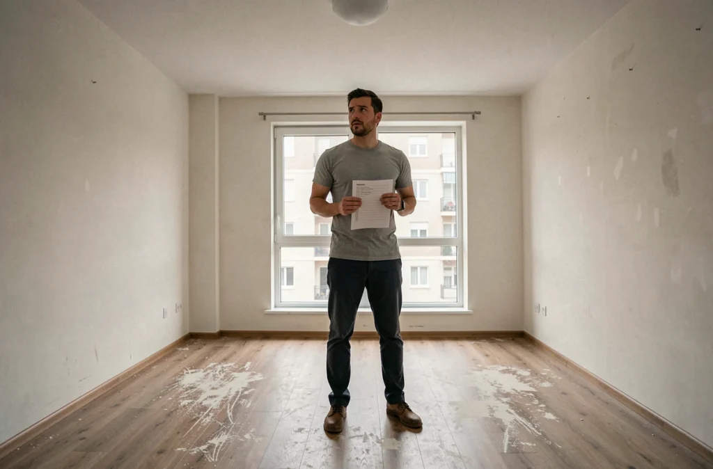 Nouveau locataire inspectant un appartement vide avec une liste de vérification des erreurs à éviter
