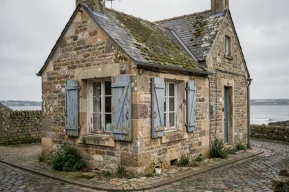 Maison de pêcheur en pierre à vendre avec volets bleus usés et enseigne À Vendre dans un village côtier français