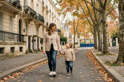 Mère et enfant en bas âge se promenant dans une rue résidentielle arborée de Nogent-sur-Marne près d'une école