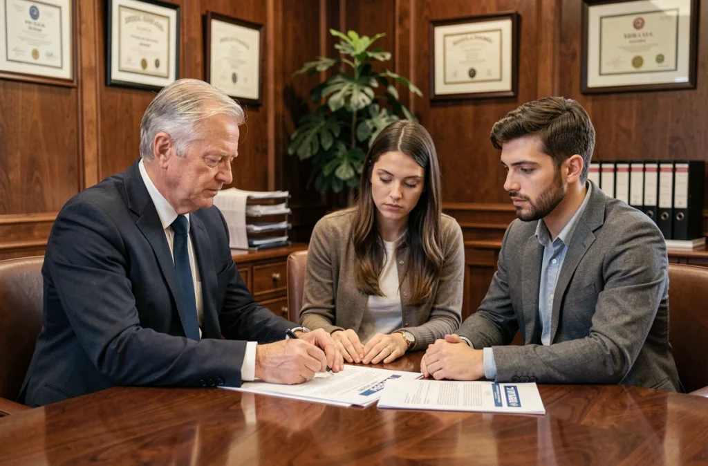 Notaire et couple d'acheteurs examinant un rapport ERRIAL avant la signature d'un acte de vente immobilier