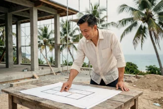 Promoteur immobilier thaïlandais présentant les plans d'une villa en construction à Koh Samui avec vue sur la mer