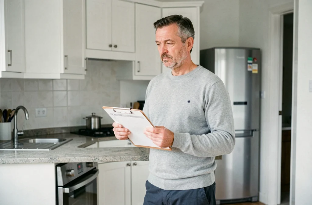 Propriétaire bailleur inspectant son appartement meublé avec liste de contrôle pour optimiser sa fiscalité locative