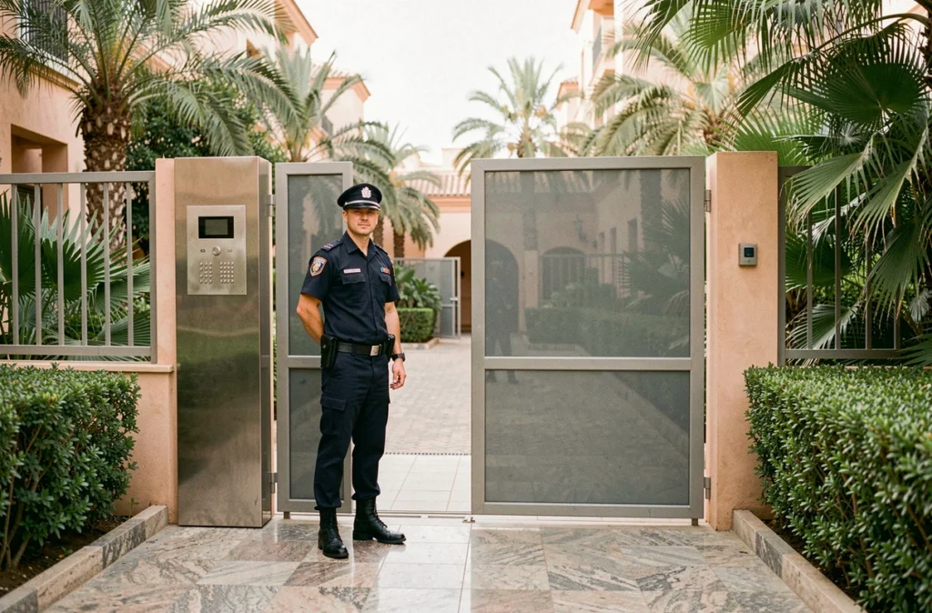 Entrée sécurisée avec gardien d'une résidence fermée dans le quartier Guéliz à Marrakech