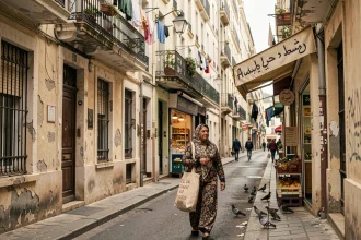 Rue piétonne animée du 3ème arrondissement de Marseille avec commerces locaux et façades anciennes