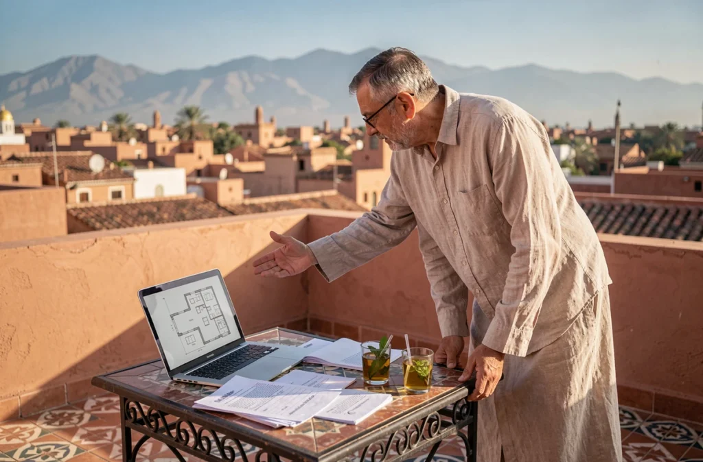 Investisseur et courtier étudiant des documents immobiliers sur la terrasse d'un riad à vendre à Marrakech avec vue sur la médina