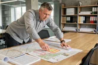 Urbaniste consultant des cartes cadastrales et documents de terrain constructible dans un bureau municipal