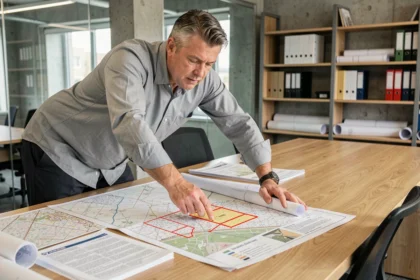 Urbaniste consultant des cartes cadastrales et documents de terrain constructible dans un bureau municipal