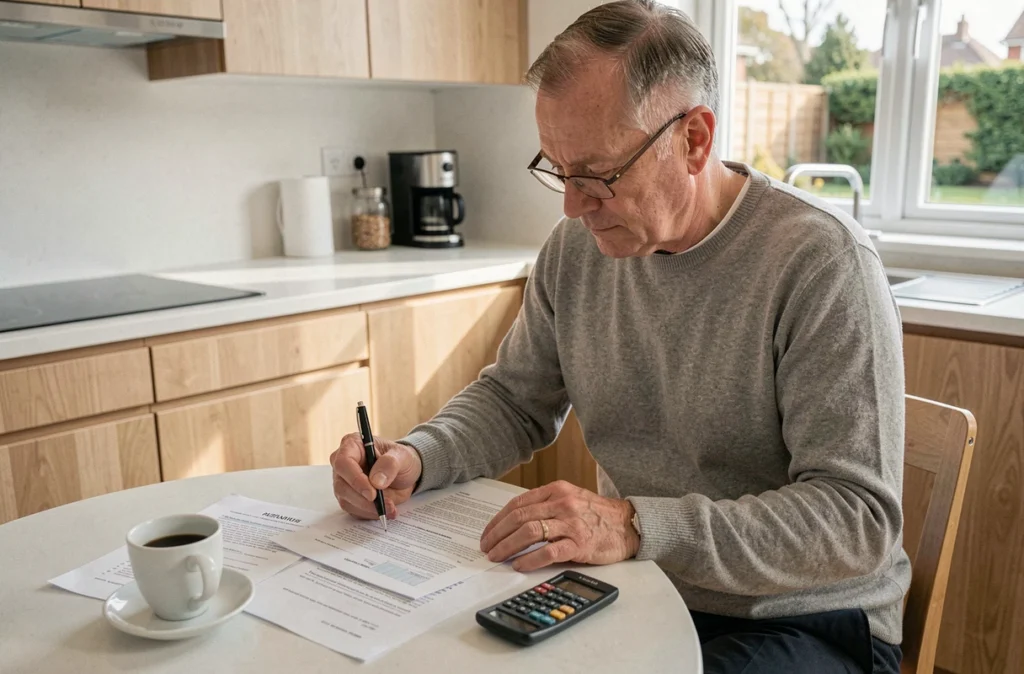 Propriétaire vendeur analysant seul un contrat de vente immobilière avec calculatrice sur une table de cuisine moderne