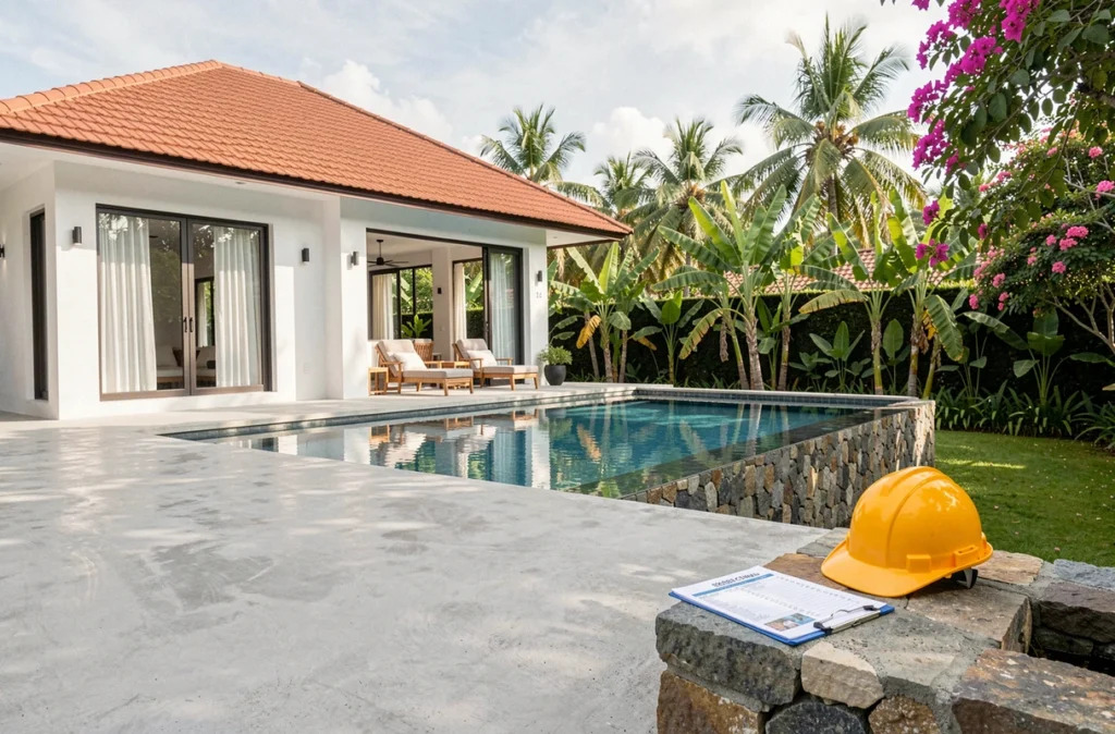 Villa de luxe neuve avec piscine à débordement à Koh Samui lors d'une inspection de fin de chantier