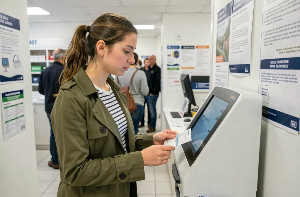 Jeune femme utilisant une borne d'envoi automatique dans un bureau de poste à Paris pour expédier un courrier