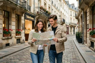 Couple explorant les quartiers historiques de Besançon avec une carte, ambiance authentique de centre-ville franc-comtois