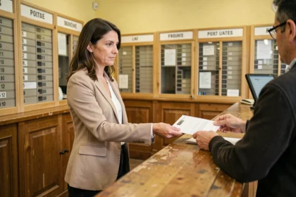 Femme déposant une enveloppe au guichet d'un bureau de poste parisien au 121 rue Manin Paris 19