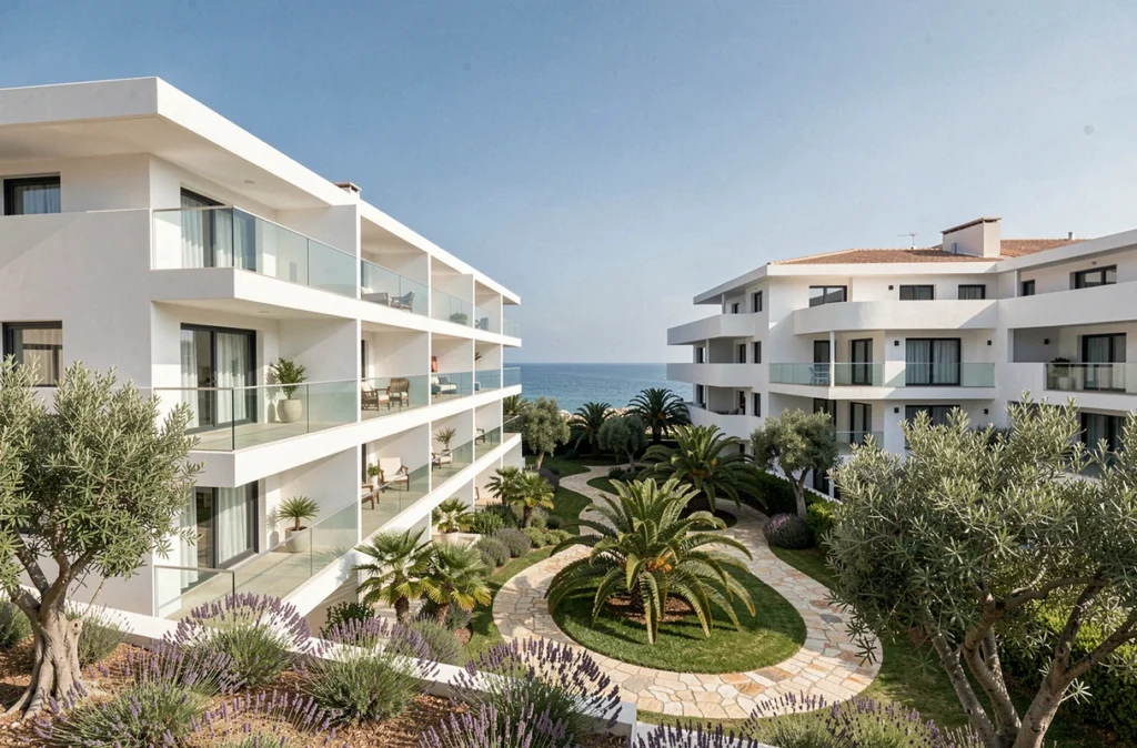 Résidence Le Domaine d'Azur à Saint-Laurent-du-Var avec balcons vitrés et jardin méditerranéen face à la mer