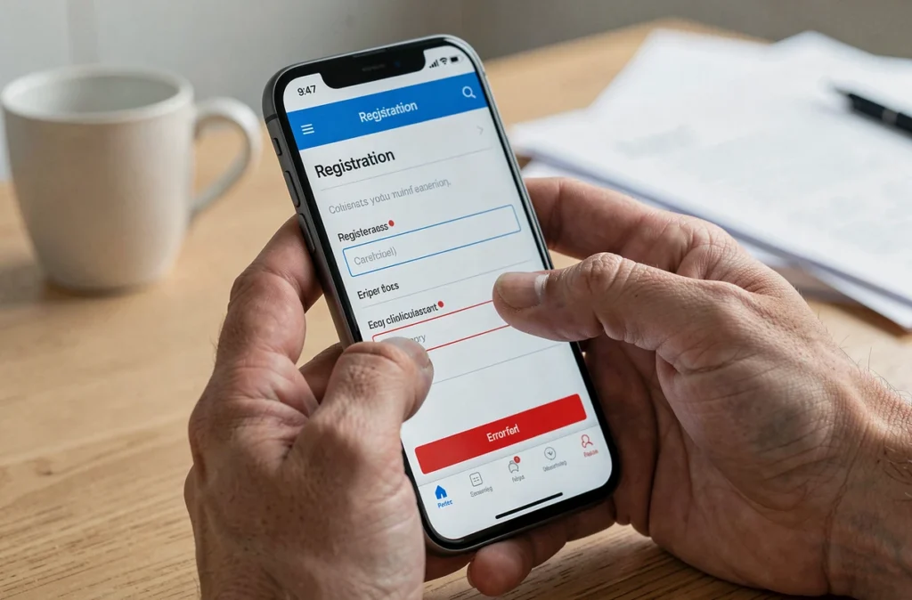 Mains tenant un smartphone affichant des erreurs dans un formulaire d'inscription LOC'annonces
