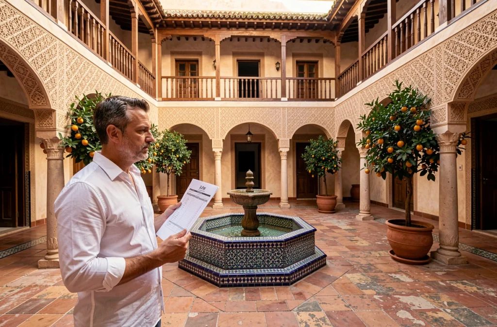 Acheteur évaluant l'architecture d'un riad traditionnel à Marrakech avant une négociation immobilière