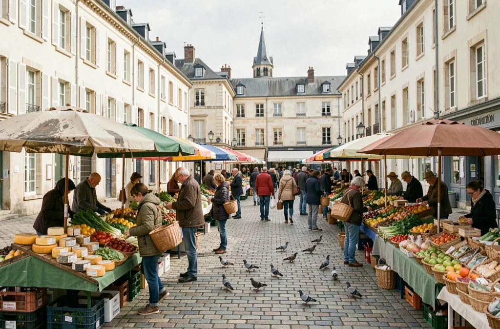 Marché en plein air animé place de la Révolution à Besançon, vie de quartier authentique et commerces locaux